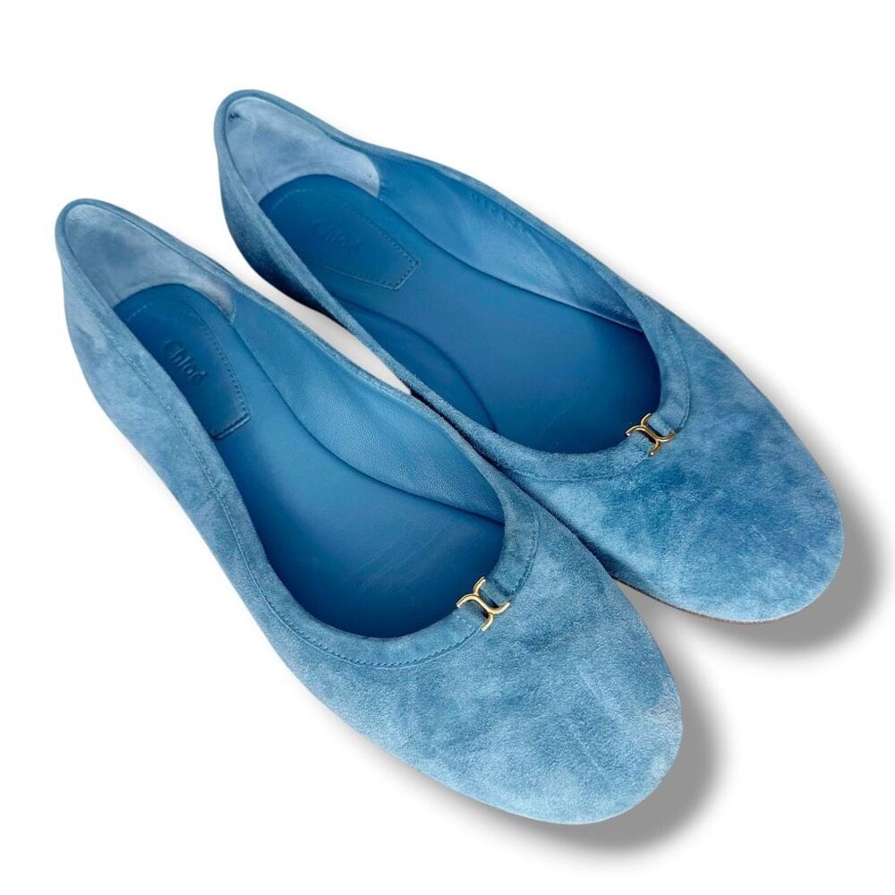 Chloé Marcie Blue Suede Ballerina Flats Small Gold Logo Women’s Size 36.5 (US 6)